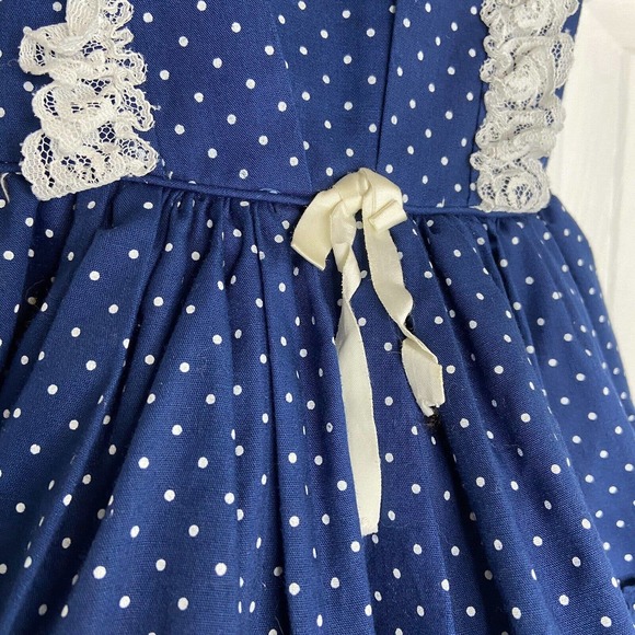 VTG Miss Quality Little Girls Size 5 Ruffle Lace Trim Dress Blue Polka Dot Frill - Picture 4 of 10